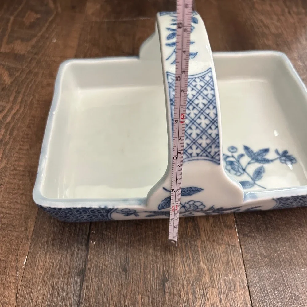 Fitz and Floyd Vintage Porcelain Rectangle White Blue Floral Basket Trinket Dish